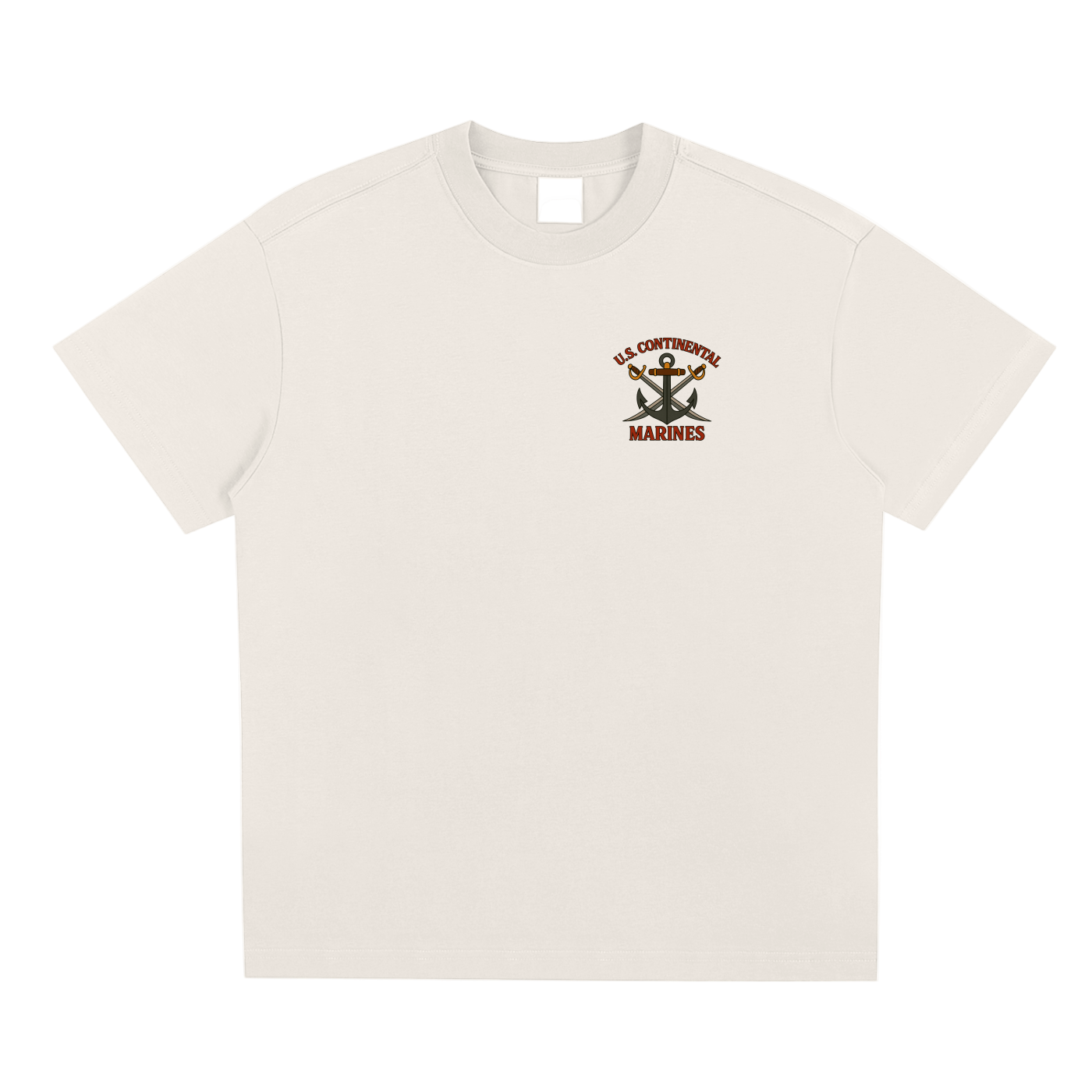 Beige t-shirt with a logo on the chest against a white background