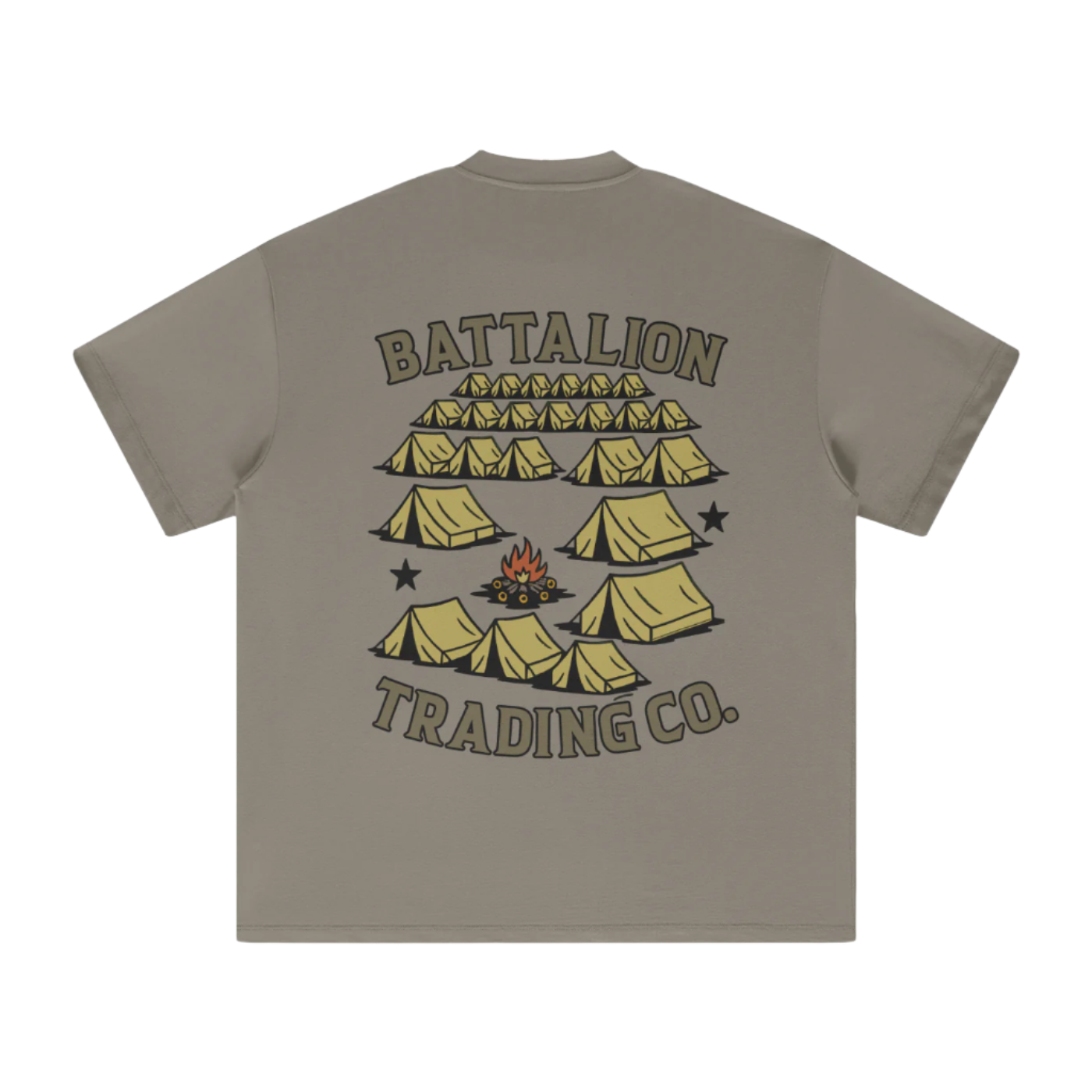 T-shirt with Battalion Trading Co. logo on the back featuring tents and a campfire.
