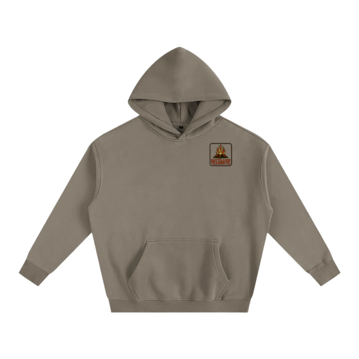 Beige hoodie with a logo on the chest against a white background