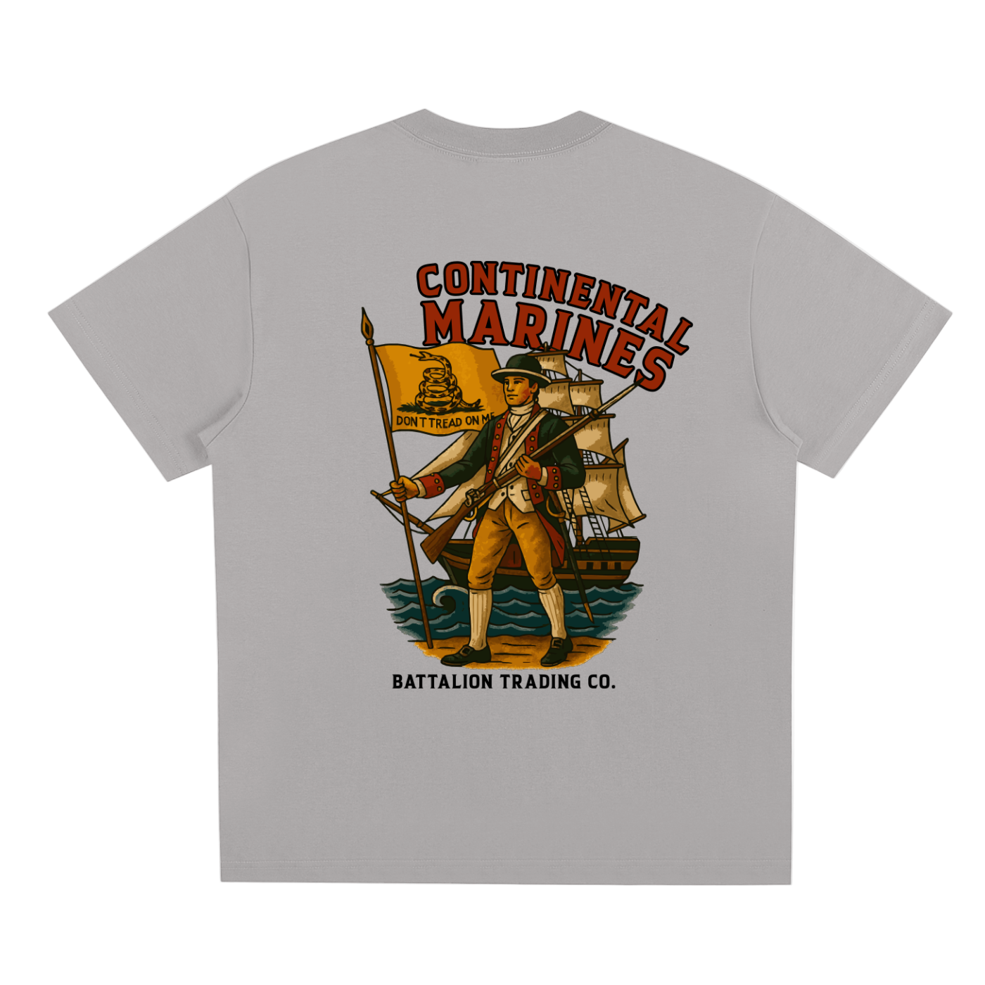 Gray t-shirt with a graphic design of a soldier and ship on the back, featuring 'Continental Marines' text.