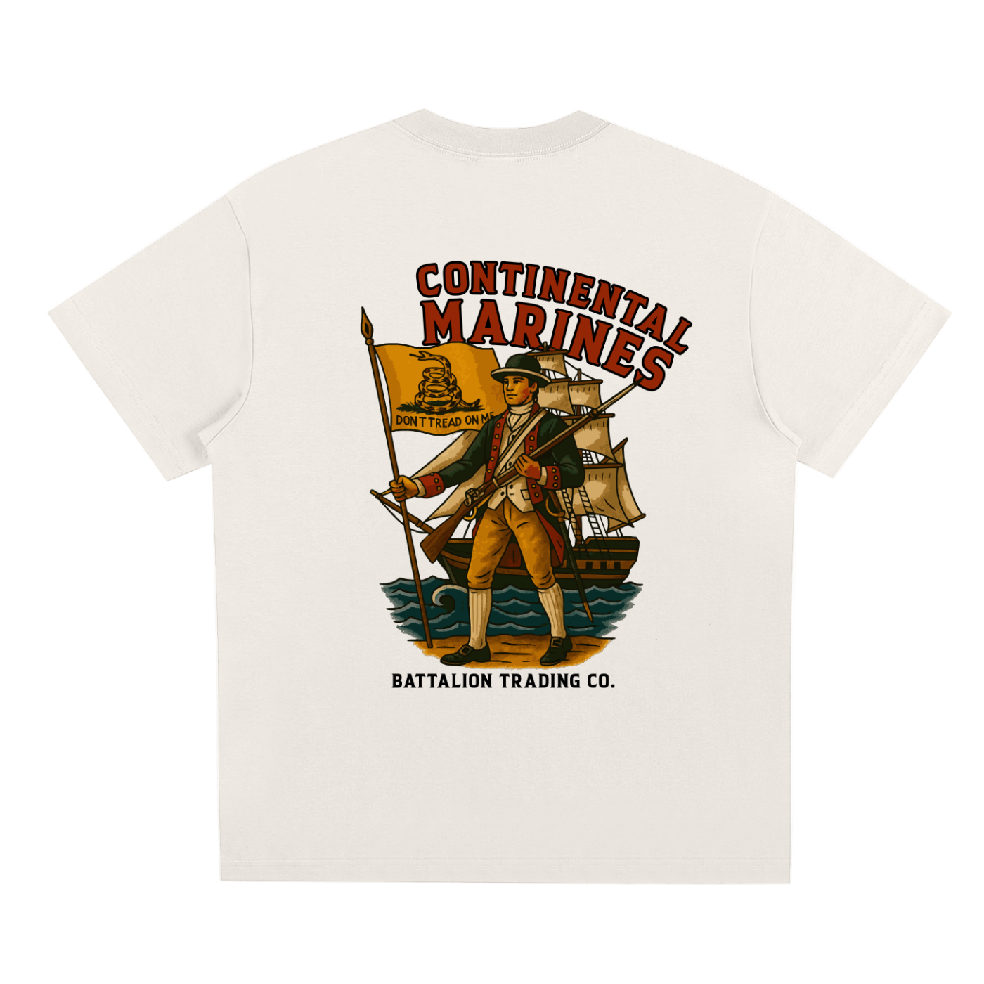 White t-shirt with a colorful graphic of a soldier and ship, featuring 'Continental Marines' text, on a white background.